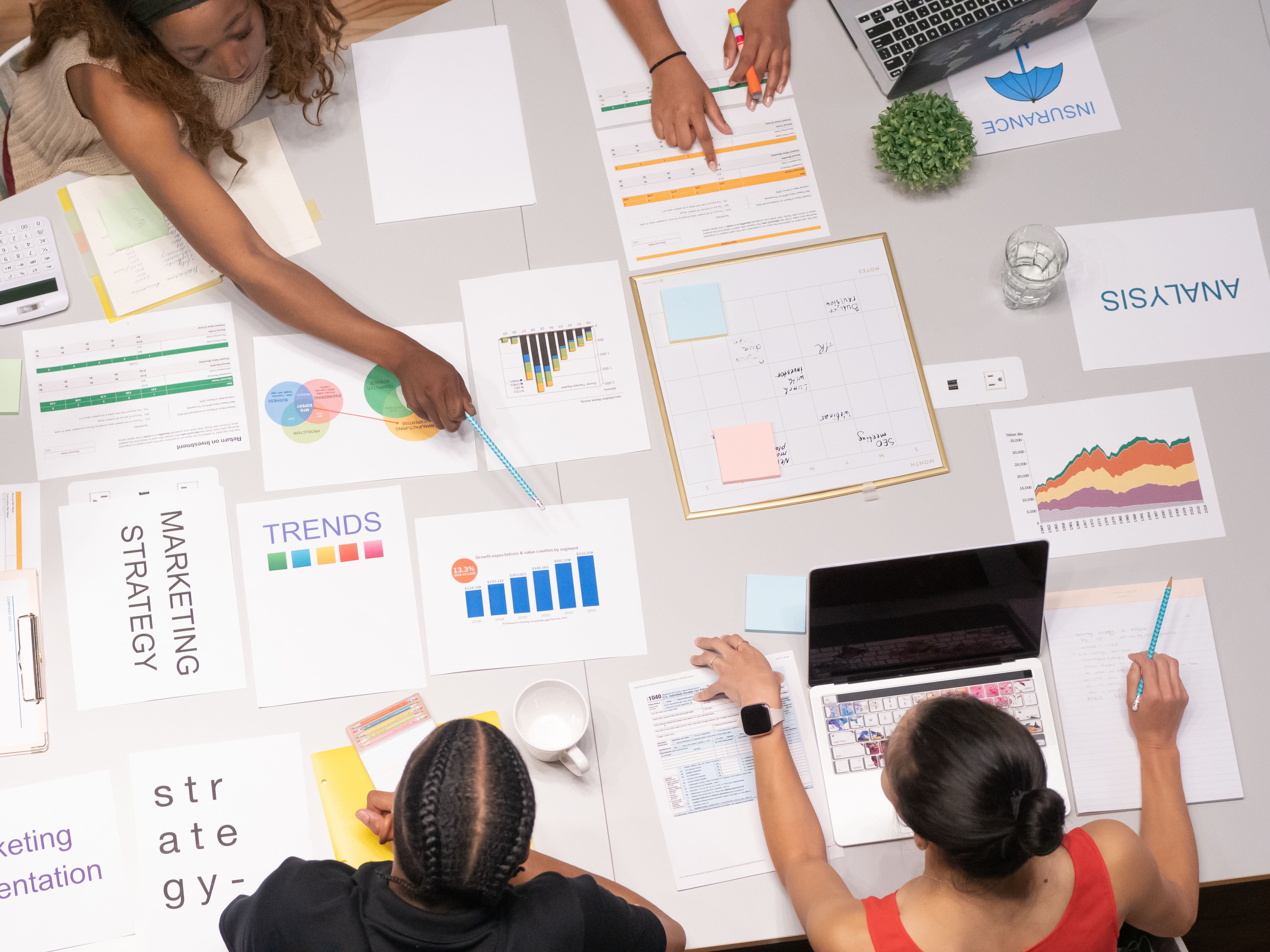 Team analysiert Marketingstrategie und Wachstumscharts